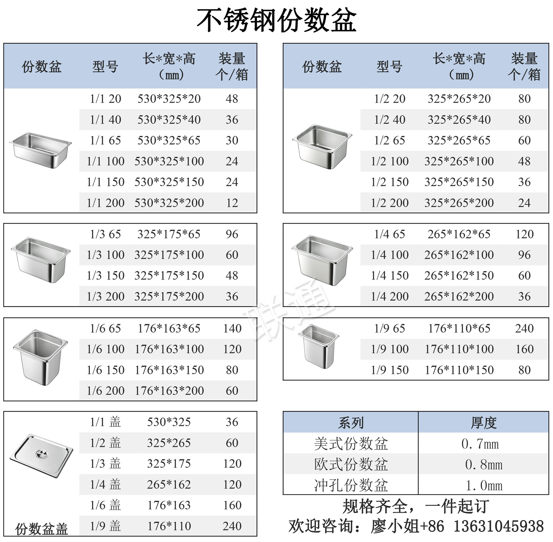 联通厂直销不锈钢份数盆 长方形酒店自助餐1/9美式份数盆规格齐全