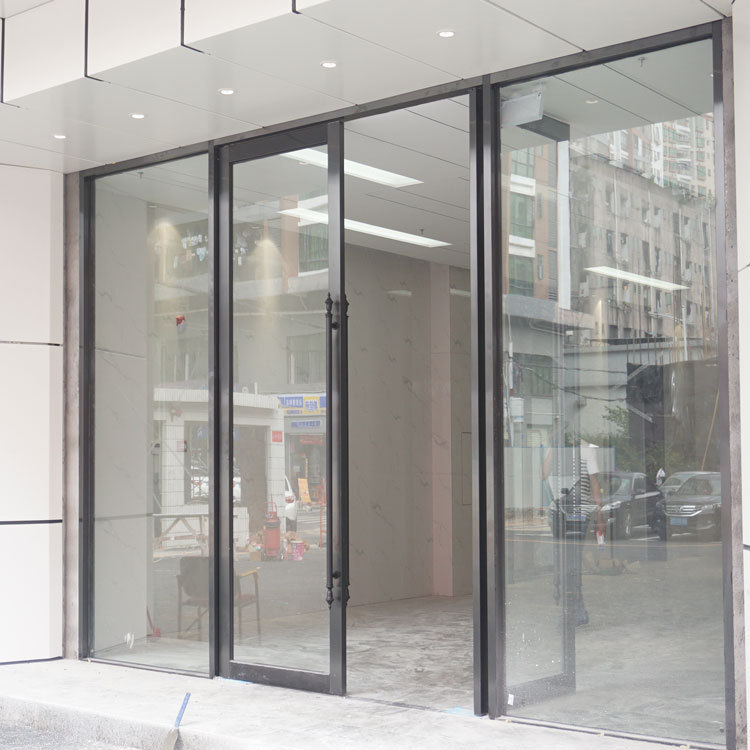 深圳定制商铺钢化玻璃门制作灰色铝合金双平开门加工地弹玻璃门