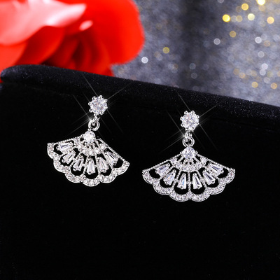 s925纯银针韩版孔雀尾扇形少女心耳钉微镶锆石轻奢气质耳环耳饰女