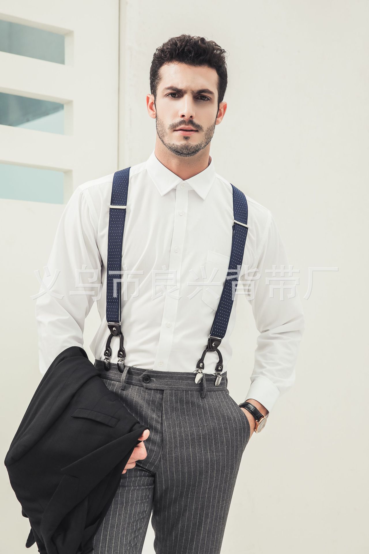 跨境男士西裤背带成人 涤纶松紧加厚背带夹白点6夹成人吊裤带定制