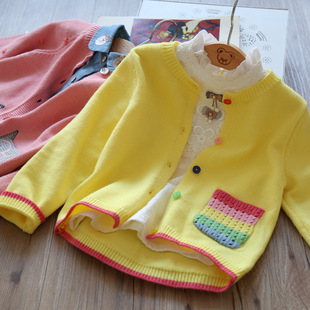 2018年新款儿童开衫春夏款女童黄色编织七彩口袋开衫外贸童装批发
