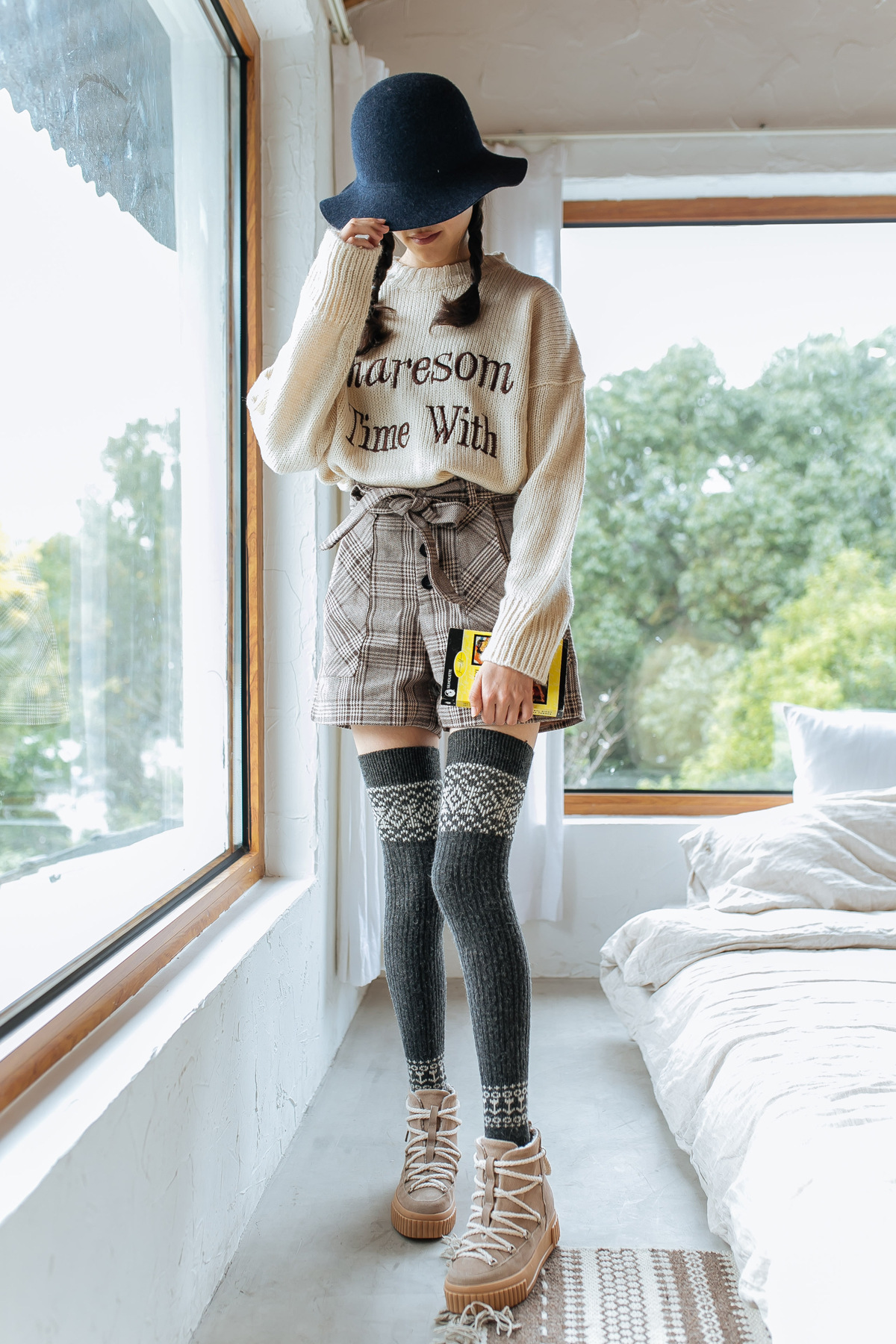 秋冬新款兔羊毛过膝长筒袜套麻花高筒靴套女士菱形护腿套堆堆袜套