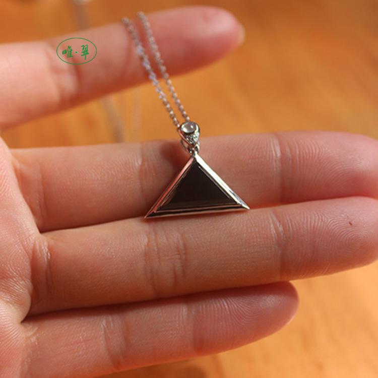 唯翠珠宝 缅甸翡翠a货糯种墨翠吊坠 三角形吊坠 定制礼物金镶玉