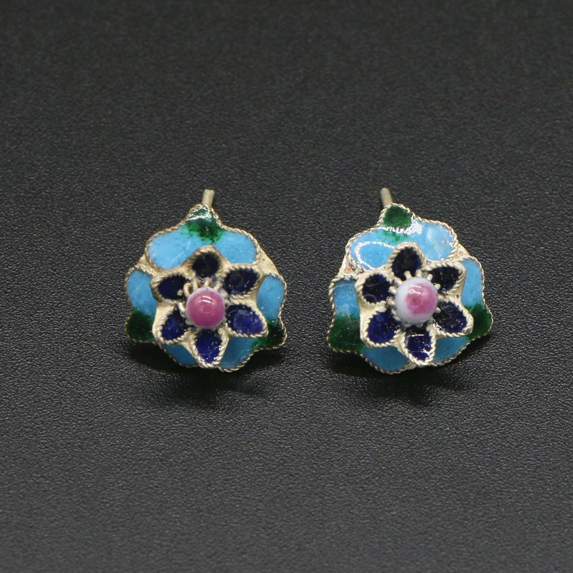 现货景泰蓝耳钉花朵镀厚银烧蓝珐琅流行饰品复古民族风耳饰耳环