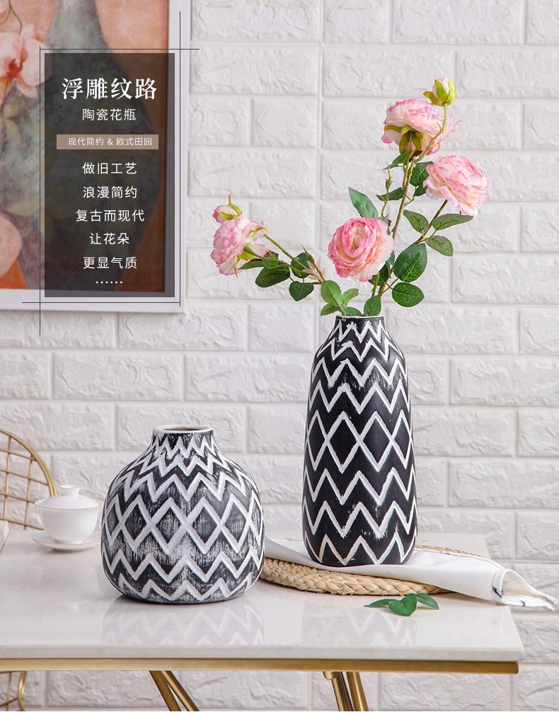 外贸黑白复古陶瓷花瓶干花插花器酒店大花瓶艺术品样板房软装饰品