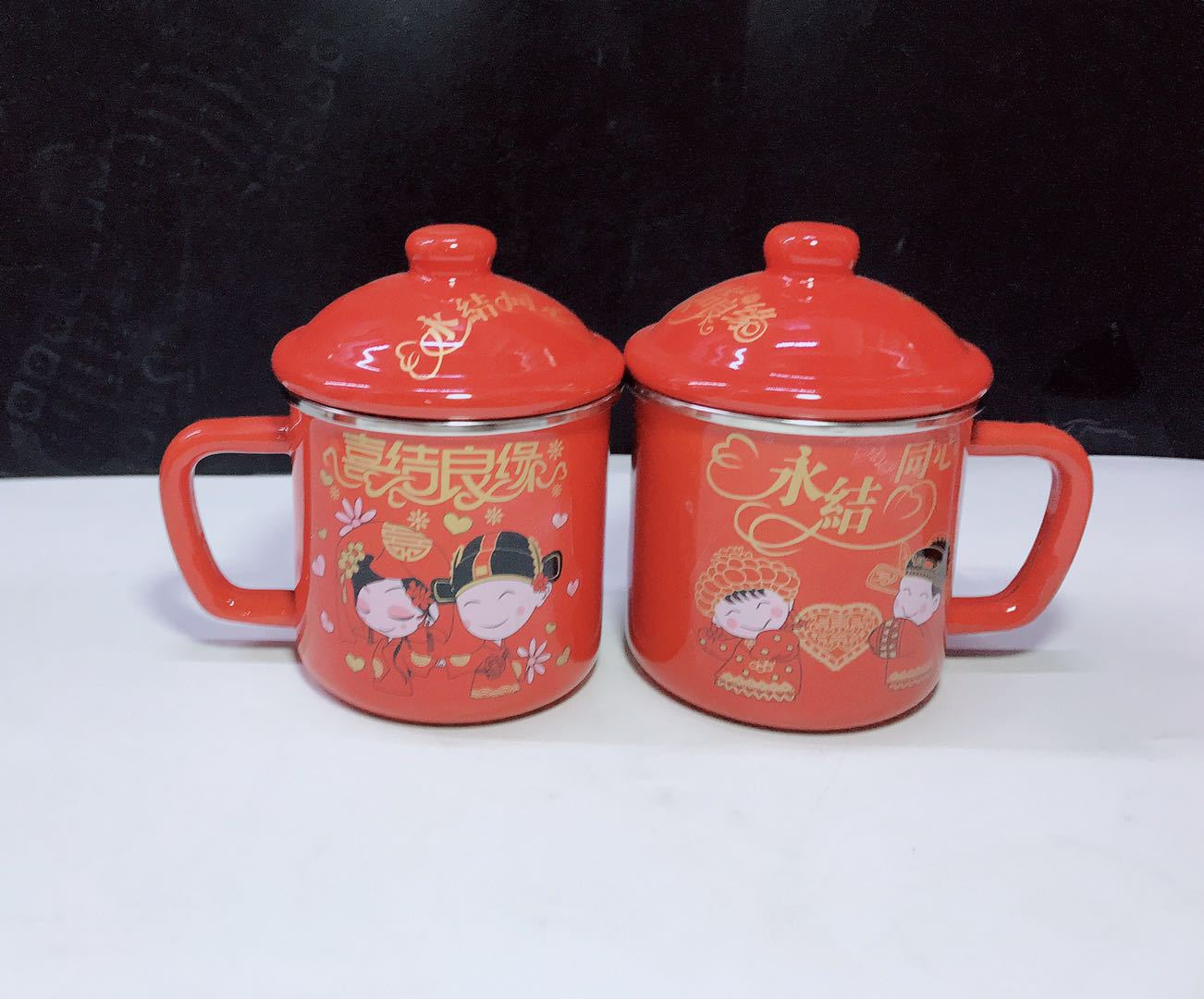 搪瓷包边喜庆大红盖杯喜结良缘搪瓷双喜杯 喜庆礼品搪瓷杯婚庆用