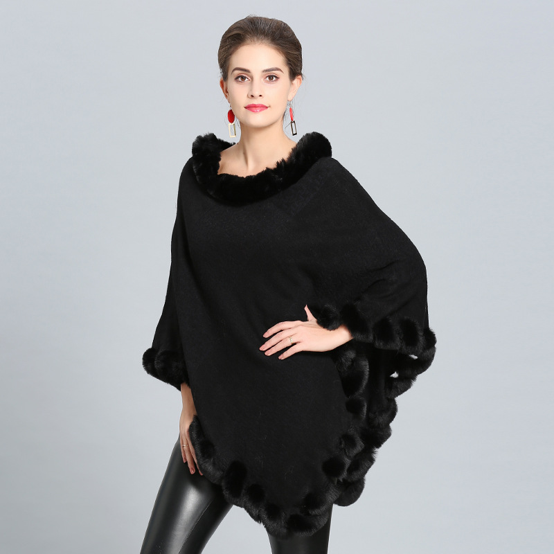 1396# European and American Autumn and Winter New Imitation Fox Fur Collar Imitation Cashmere Knitted Pullover Cloak Shawl Factory Wholesale