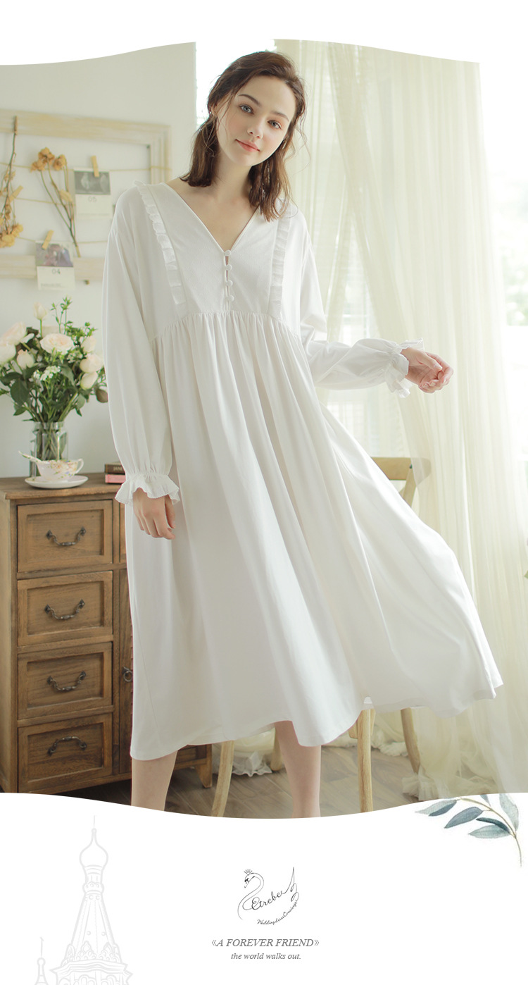 秋季复古欧式长袖纯色精梳棉长袖长款白色宽松超大码睡裙家居服女