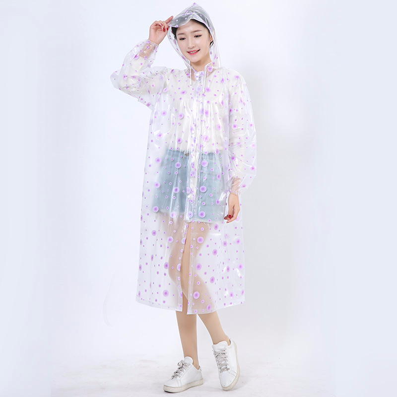 粤佳新款成人长款连体时尚透明圆点雨衣加厚印花波点拉链长衣雨披