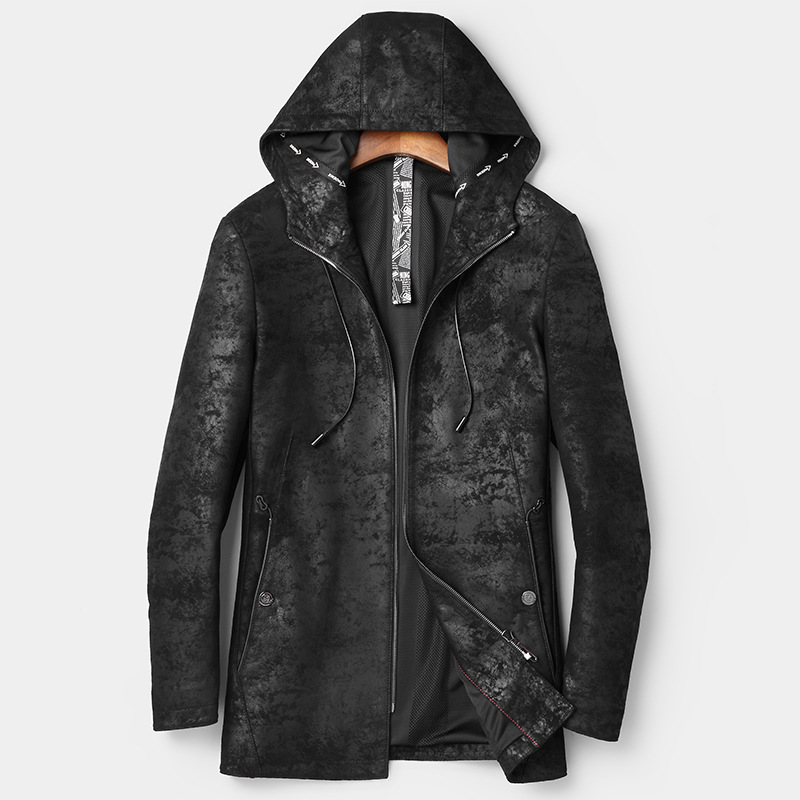 真皮皮衣男海宁绵羊皮新款连帽中长款夹克青年时尚薄款上装外