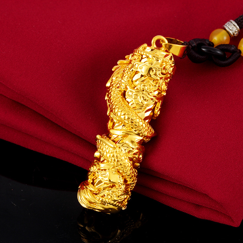 沙金龙柱男士吊坠 男女挂坠项坠 镀24k色项链送男友礼物