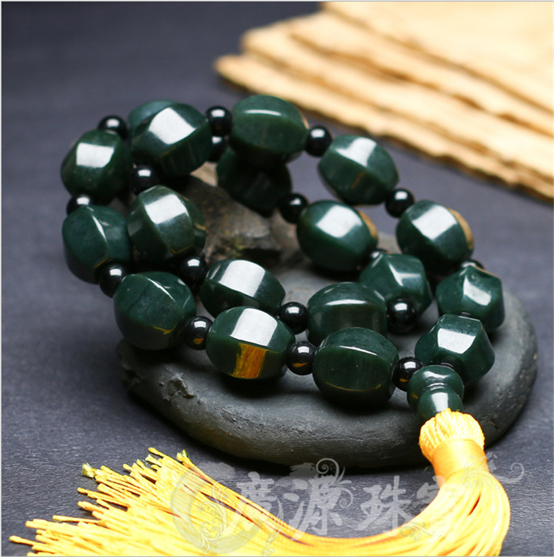 批发新疆天然和田玉青玉念珠车挂青海料佛珠车挂手串把玩玉石手链