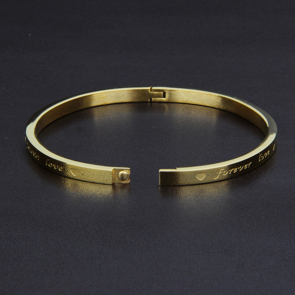 欧韩流行时尚高档k金钛钢手镯4mm宽细款心形永远的爱不锈钢手镯