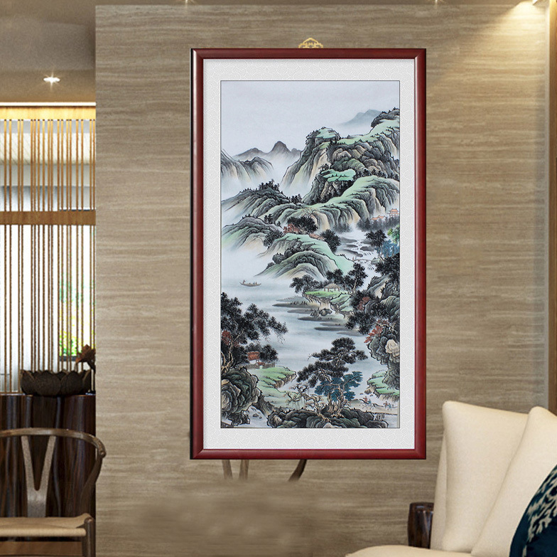 手绘四尺山水画挂画风水画唐伯虎字画客厅新中式装饰画无框国画