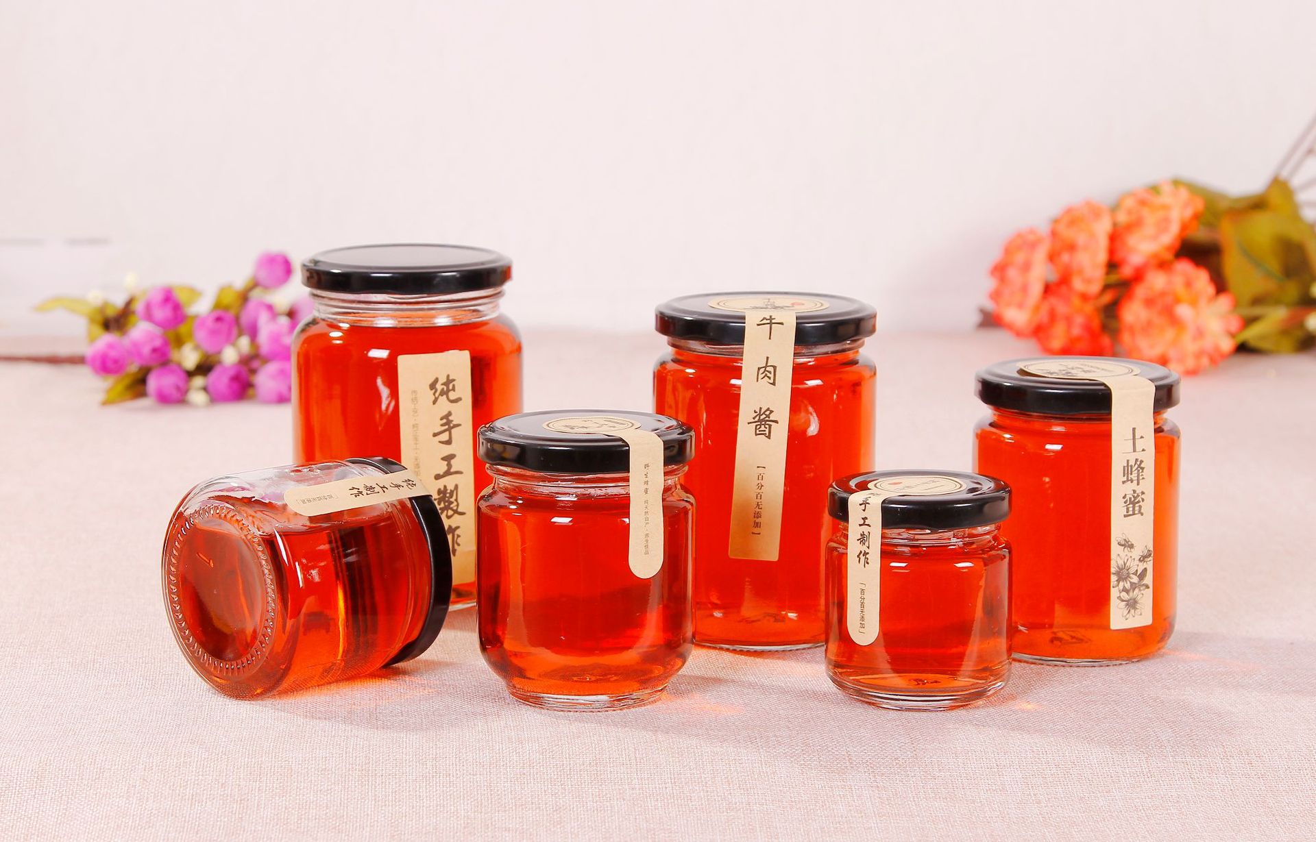 批发圆形高白料蜂蜜瓶 酱菜瓶 牛肉酱瓶 果酱玻璃瓶可定制泡沫盒