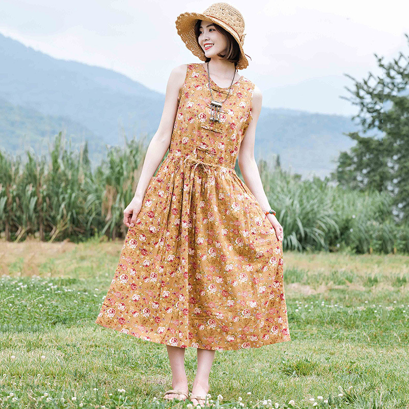 枝牌2018夏季新款乡村田园小碎花短袖连衣裙原创文艺休闲连衣裙