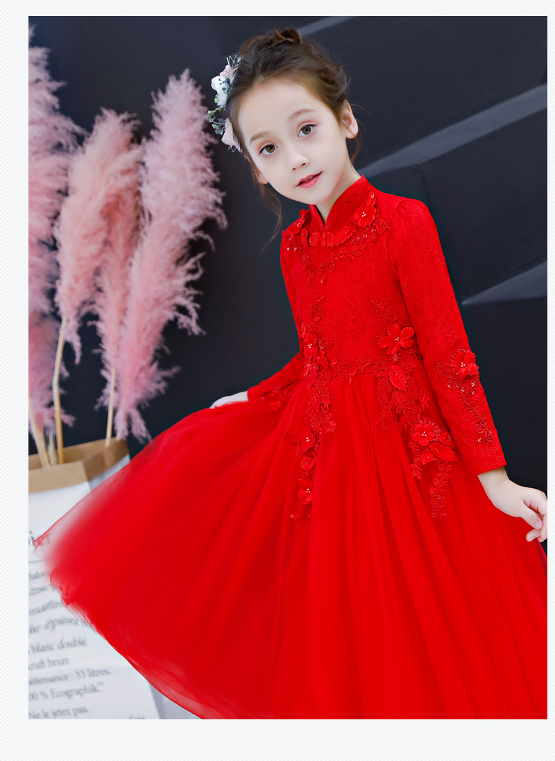 秋冬旗袍红色长袖儿童生日公主礼服蓬蓬裙女童钢琴婚礼婚纱连衣裙