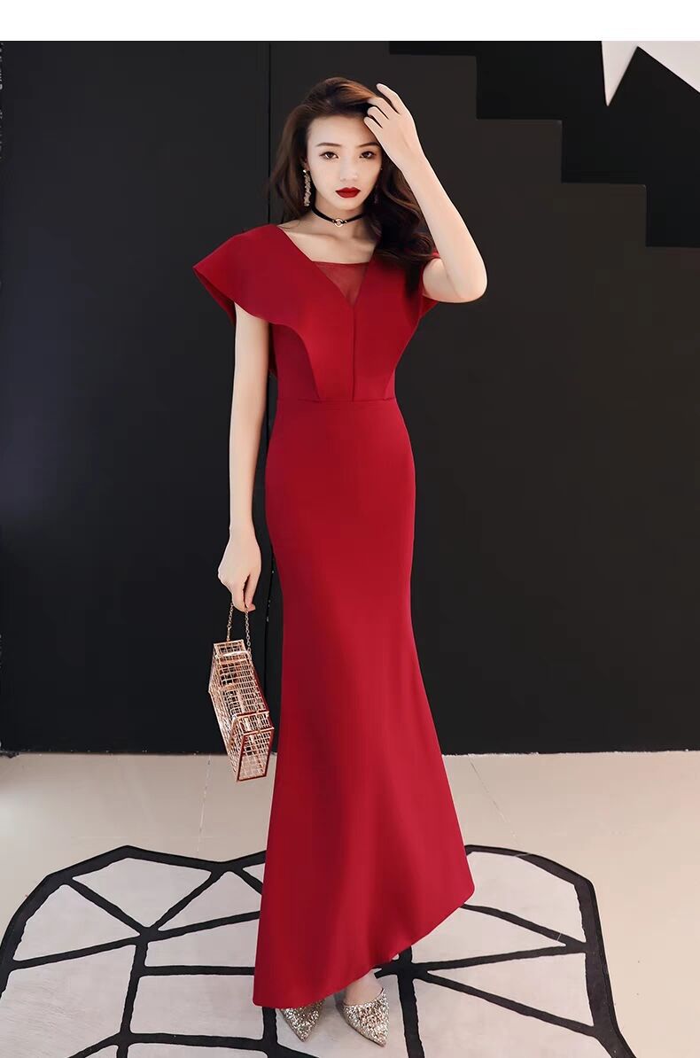 端庄新娘敬酒服网纱透视深v领荷叶袖露背显瘦包臀鱼尾长连衣裙韩