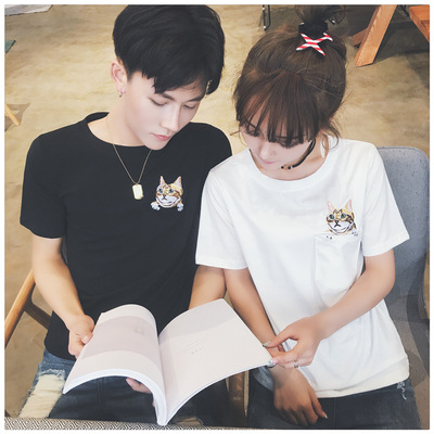 简约圆领猫咪男女侣装t恤2018夏季新款短袖出游团批潮男女班服