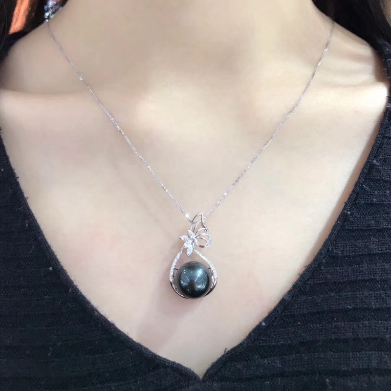 18k金镶钻石珍珠项链吊坠黑珍珠金珠吊坠天然海水珍珠项链女优雅