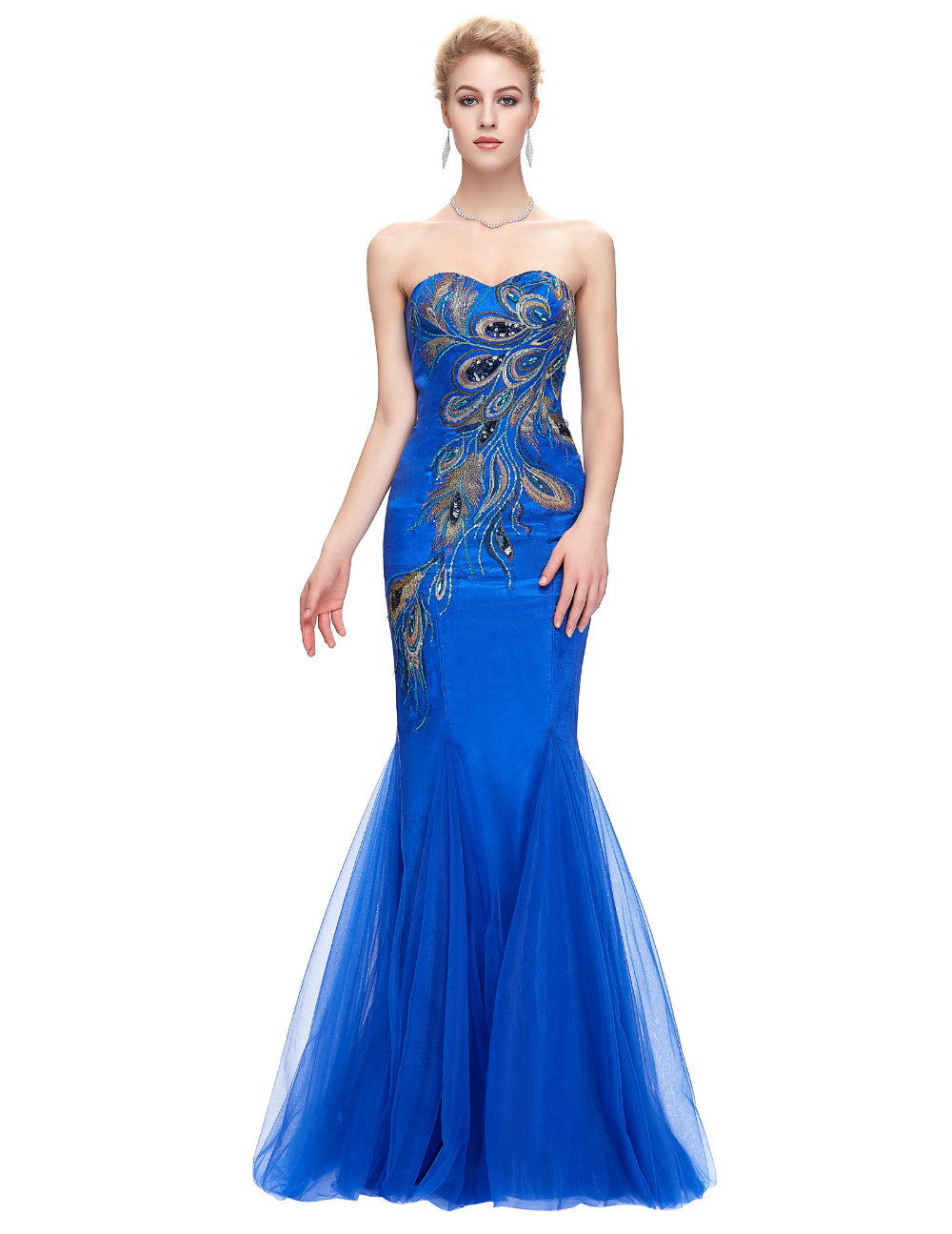 礼服2018年新长蓝色美人鱼礼服露肩礼服孔雀特别的情人