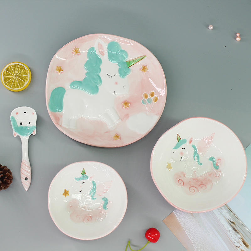 New Unicorn 4-Piece Set Plate Dishes Household Ins Internet Celebrity Tableware Cute Creative Ceramic Dinner Plate Girl's Heart