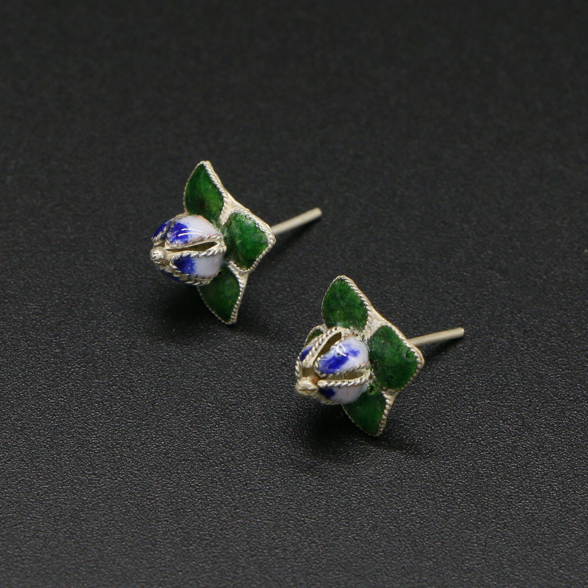 景泰蓝耳钉烧蓝珐琅镀厚银复古民族风耳饰