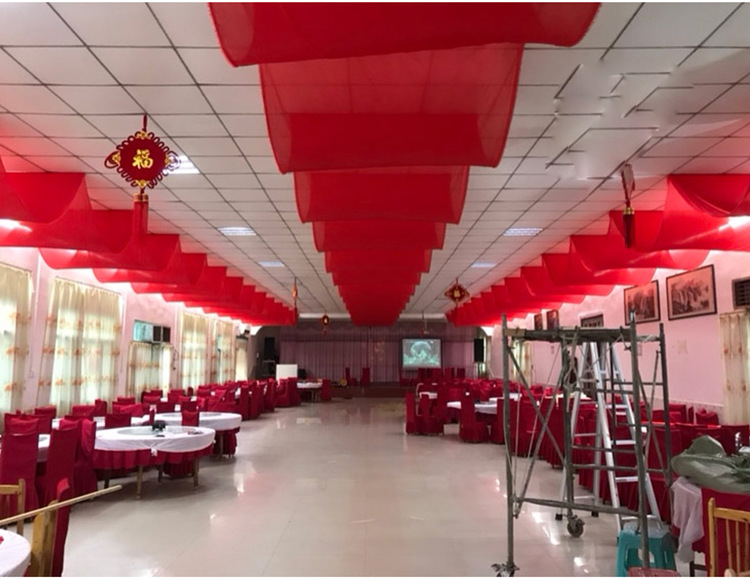 夏季美陈装饰商场汽车4s店售楼部展厅吊顶布幔彩带纱幔空中布置