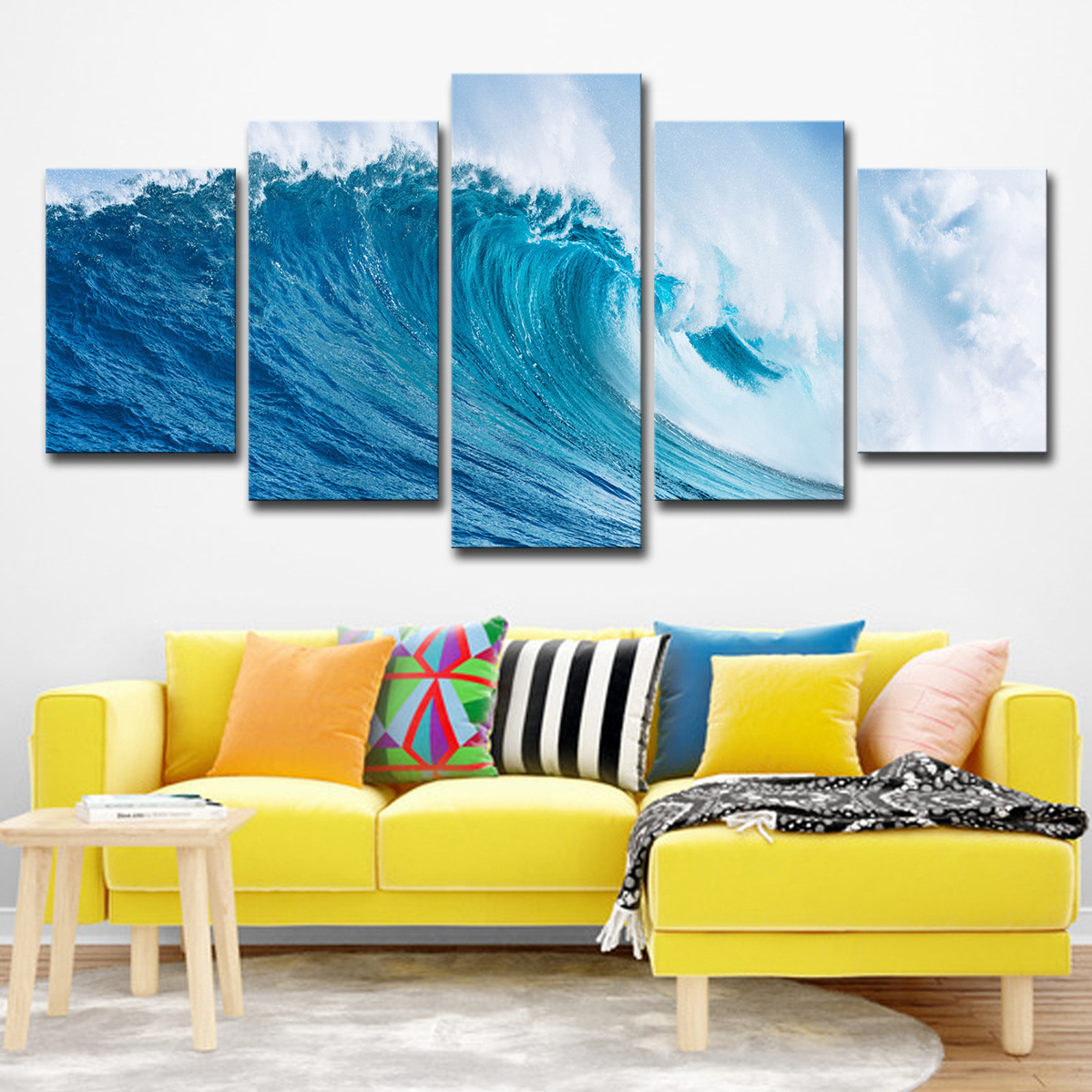 跨境专供lazada 亚马逊现代高清5板墙艺术巨大海浪景观家居墙装饰