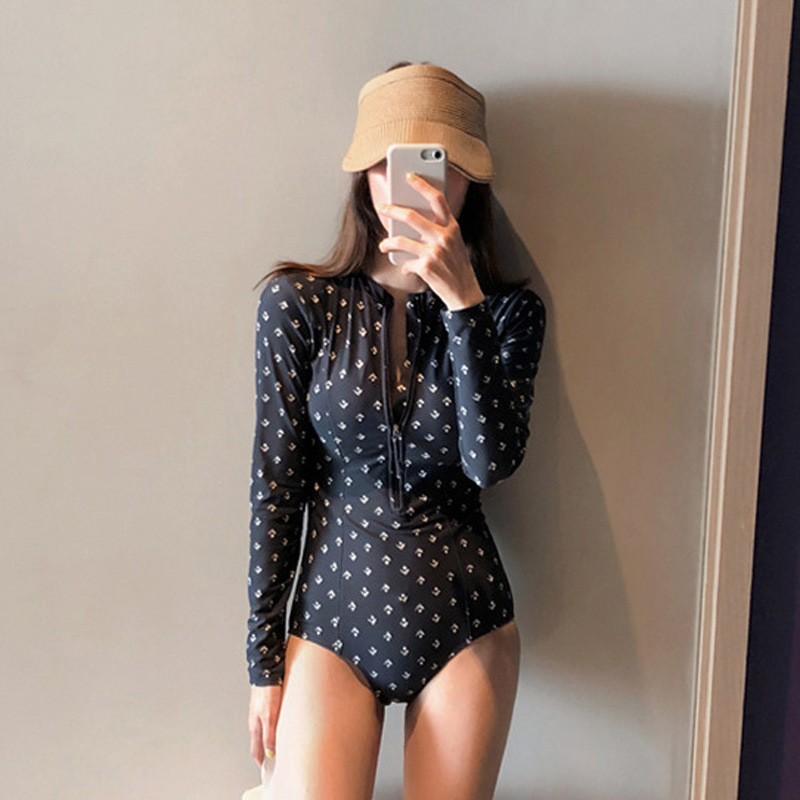 Korean Ins Swimsuit Women's 2022 One-Piece Small Chest Long Sleeves Tummy Hiding Slimming Snorkeling Hot Springs Conservative Swimsuit