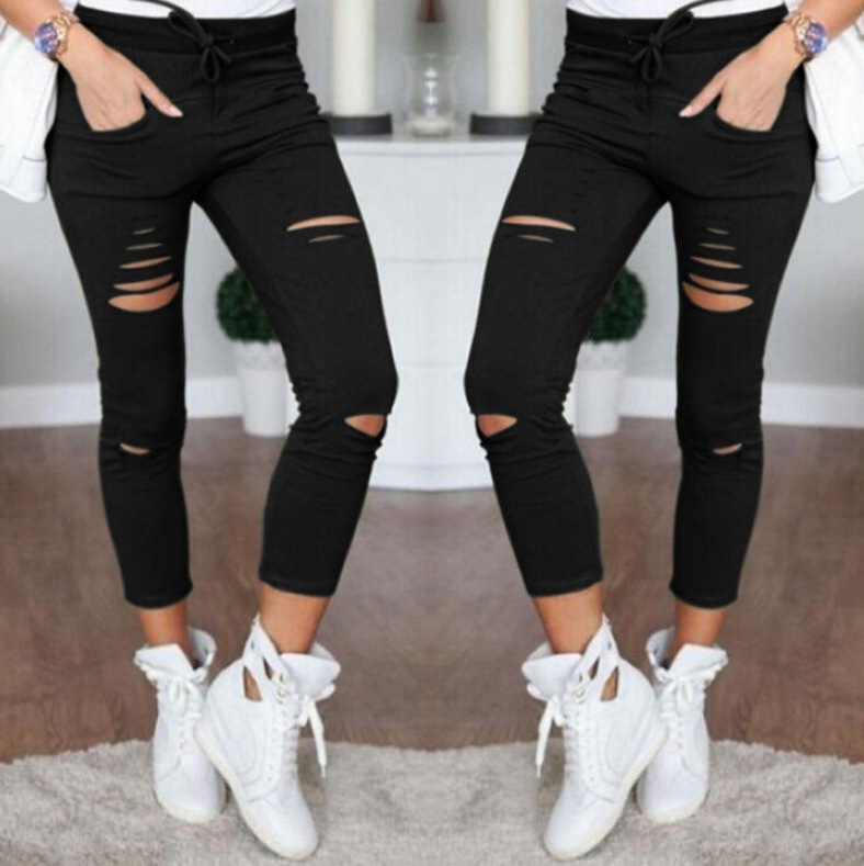 EBay Europe Foreign Trade Casual Pants Best-Selling New Type Pencil Pants Ripped Women's Leggings