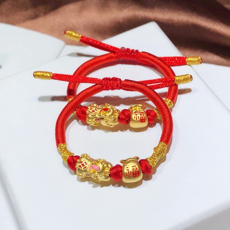 黄金宝宝手链编绳手串24k可爱貔貅宝宝福袋足金999满月宝宝手绳