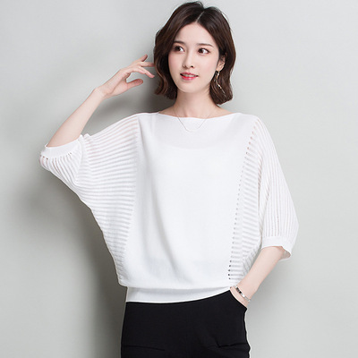 2018春夏新款韩版圆领短款针织蝙蝠衫韩版宽松显瘦恤女冰麻t恤