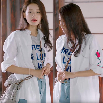 因为遇见你张怡张果果明星同款白色长袖玫瑰花朵刺绣衬衫宽松女