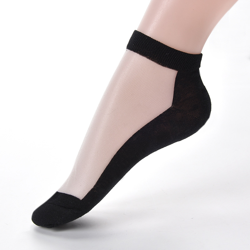 Short Spring and Summer Cotton Base Crystasilk Sock Women's Boat Socks Korean Style Cotton Sole Silk Socks Woven Glass Stockings Factory Wholesale