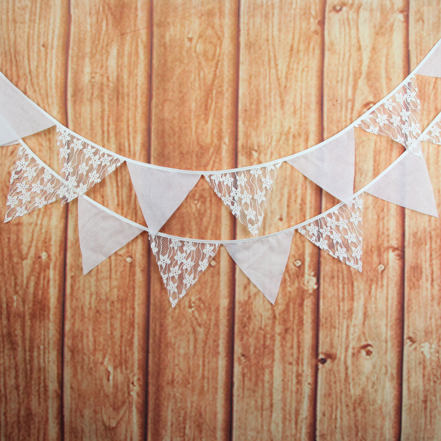 白色单层竖条星星花蕾丝棉布三角旗欧式婚礼派对装饰挂旗婚庆串旗