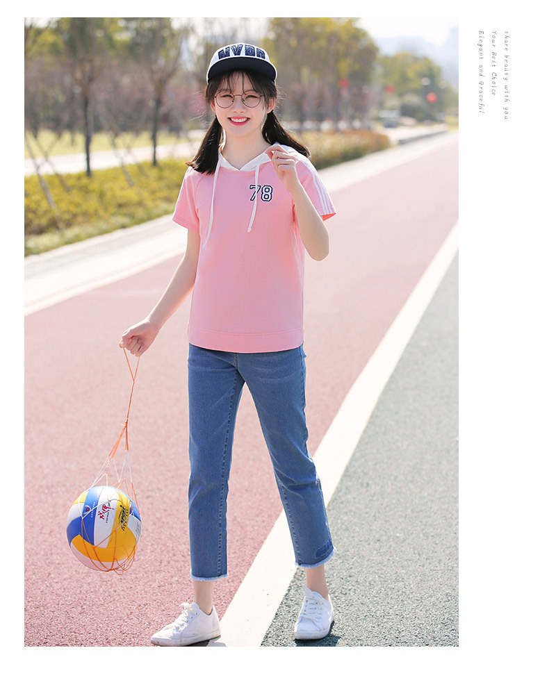 【特价】朴素连帽短袖修身中学生少女t恤 1008221
