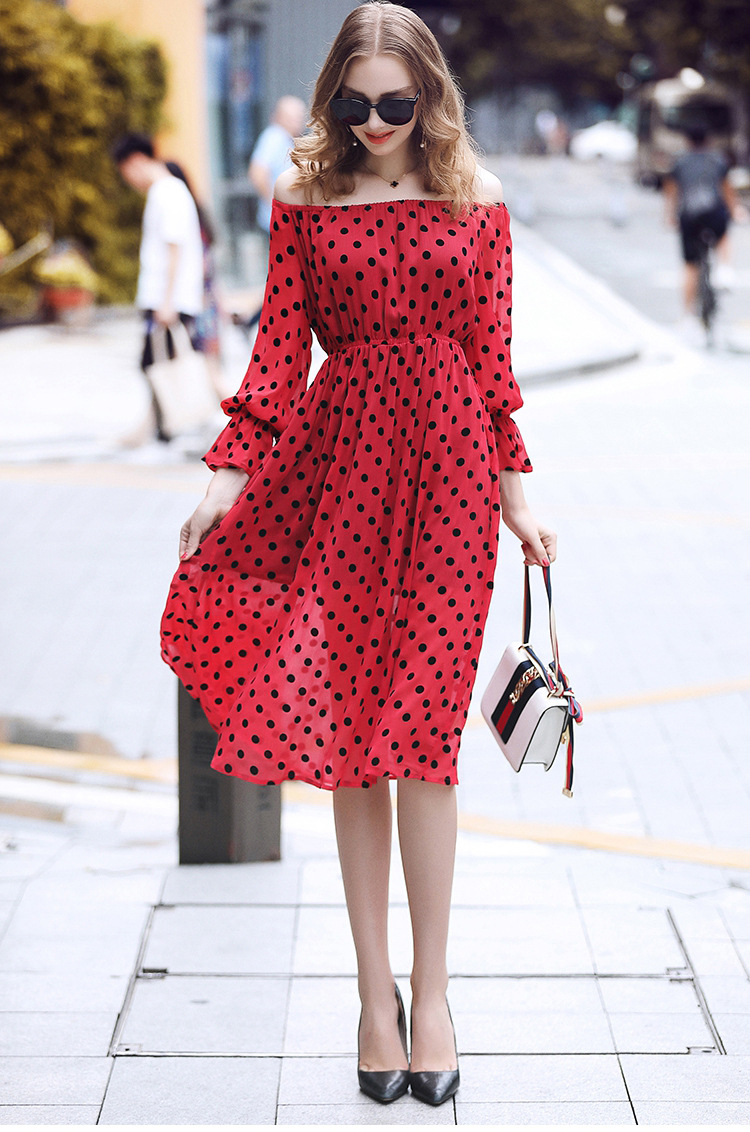 2020秋季女装新款 一字肩喇叭袖波点中长款裙子长袖欧美连衣裙