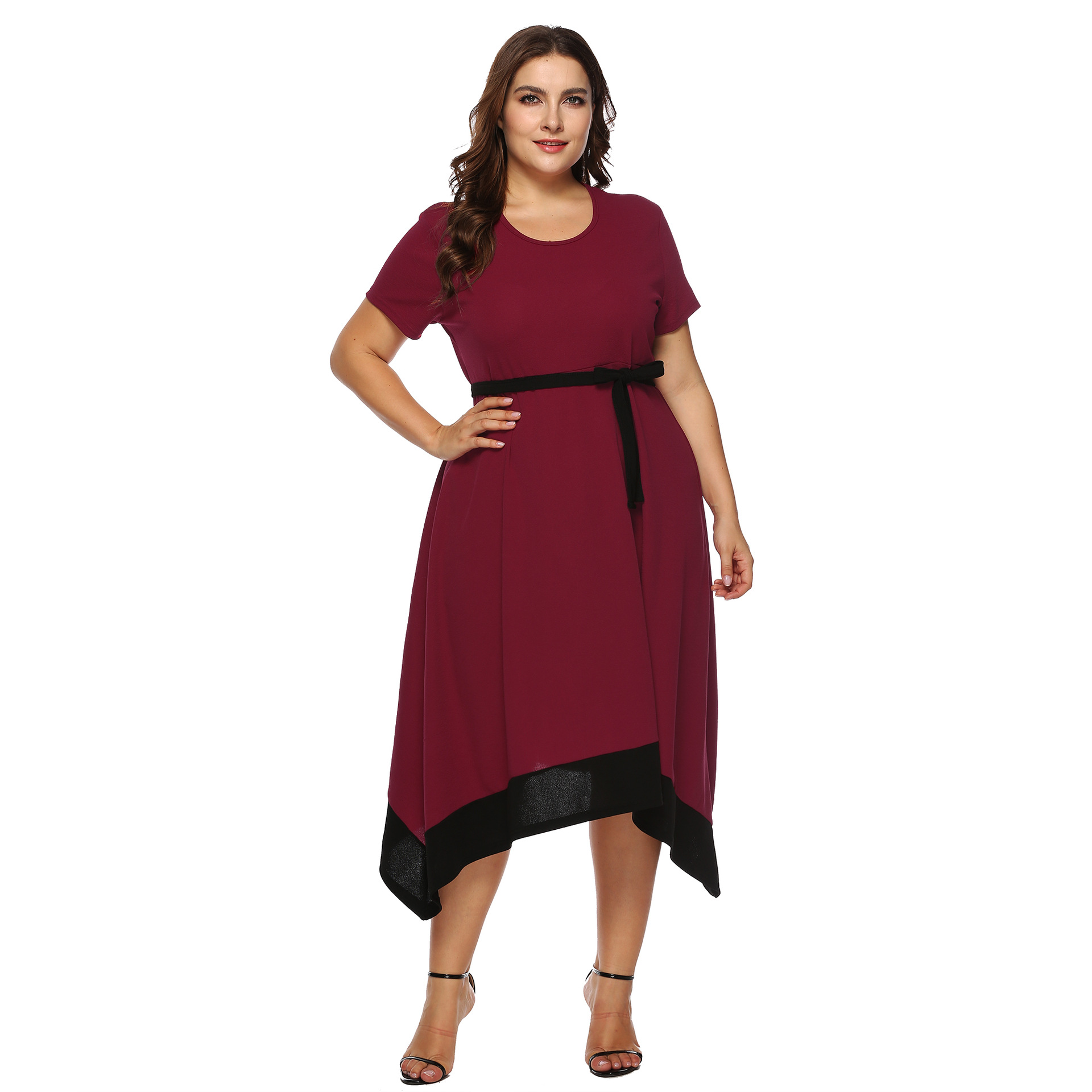 跨境货源大码女装 欧美肥婆圆领拼接不规则大摆中长款连衣裙11002