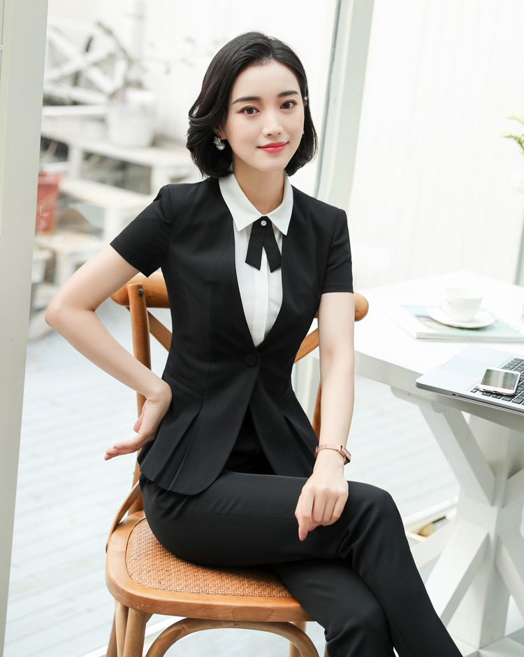 2018夏季新款职业女时尚短袖套装气质修身西服酒店工作服/网纹料