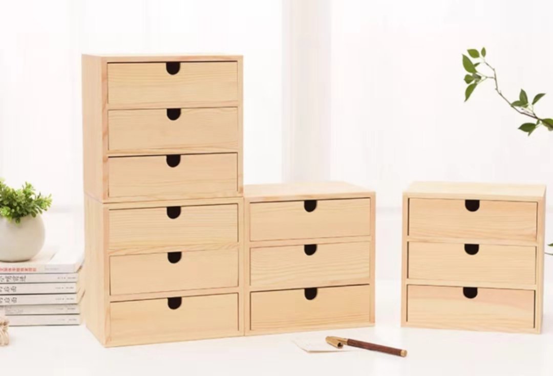 批发实木收纳柜桌面木制化妆品收纳盒三层抽屉式办公木质小储物柜