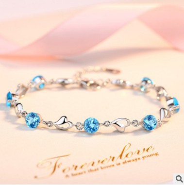 Korean Style Silver Plated Mori Artistic Blue Crystal Heart-Shaped Bracelet Women's Rhinestone Zircon Heart-Shaped Bracelet Simple Jewelry Wholesale