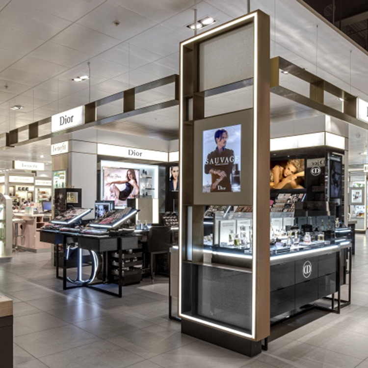 商场专柜彩妆展示架香水中岛柜化妆品展示柜哑光黑烤漆彩妆店柜台