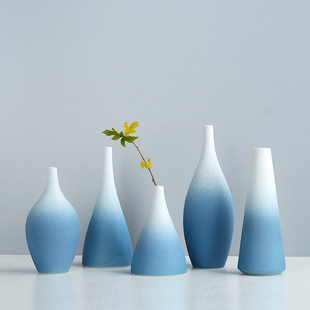 景德镇手工陶瓷花瓶简约现代蓝色干花器器客厅酒店装饰摆件工艺品