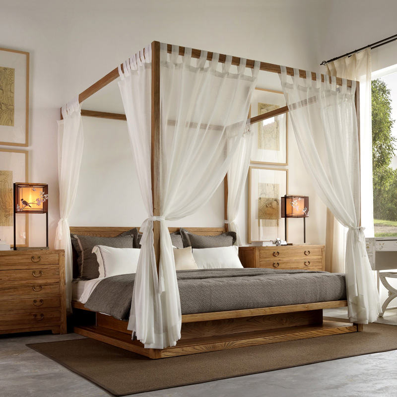 中式禅意床主卧中式实木床明月栖白蜡木新中式架子双人床实木床