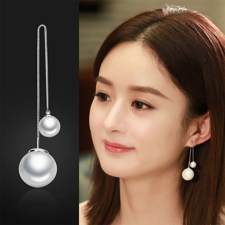 s925银你和我的倾城时光赵丽颖同款双珍珠耳线流苏耳钉韩版饰品