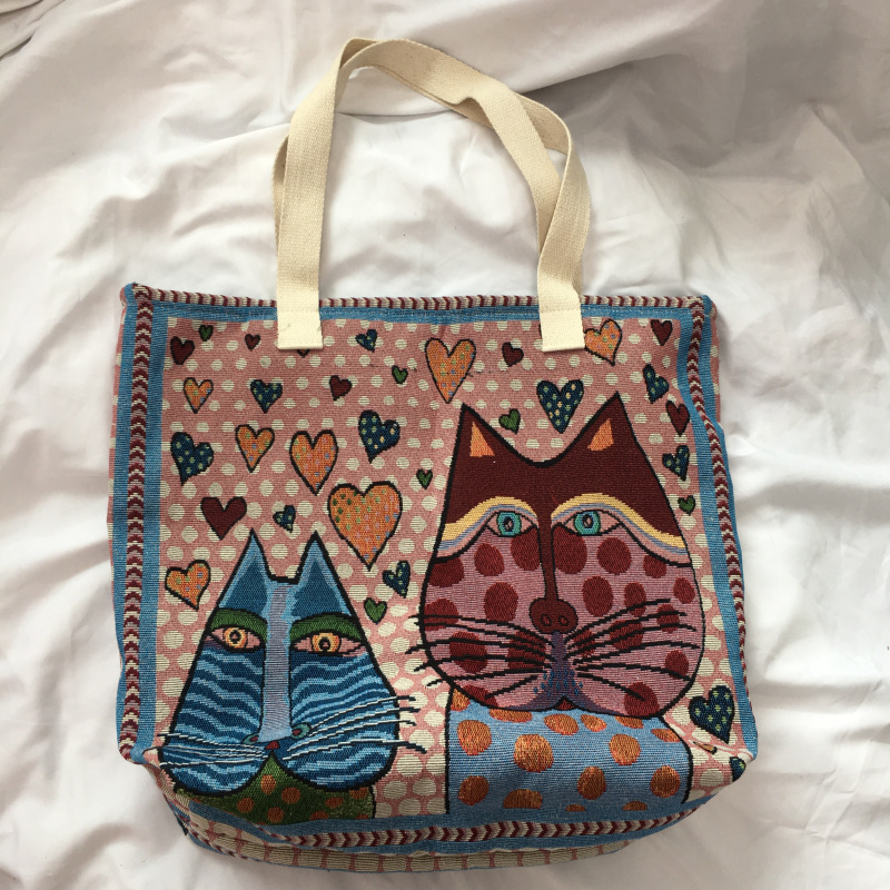 秋冬新款喵星人布包包横款单肩包 女书包 猫咪手提包超大布艺包布