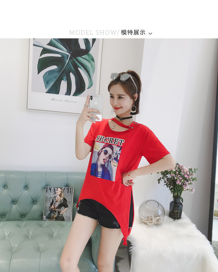 实拍大码女装2018夏装新款欧美风胖mm镂空印花不规则短袖开叉t恤