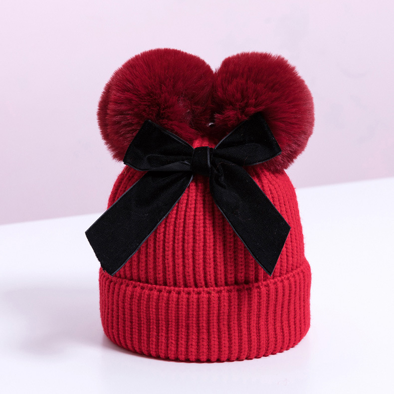 Double Ball Bowknot Cross-Border Preferred Baby Cap Wool Children's Hat Autumn and Winter Thickening Baby Hat Children's Knitted Hat