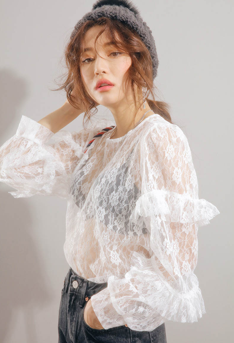 韩国 小女人味蕾丝透视衬衫打底衫